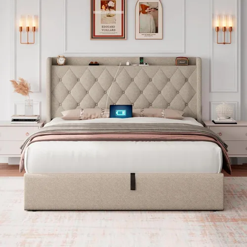 Miniatura 7 de iPormis Base de cama de almacenamiento elevable de tamaño completo con estación de carga, base de cama de plataforma tapizada con cabecera capitoné