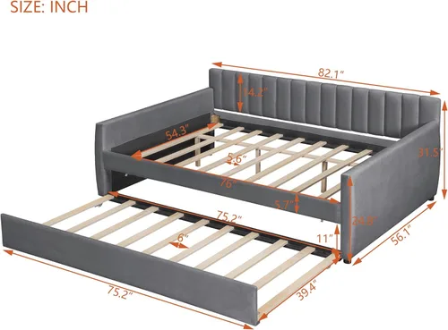 Miniatura 2 de MERITLINE Sofá cama tapizado de tamaño matrimonial con nido, sofá cama matrimonial de terciopelo con respaldo y reposabrazos, marco de cama Gris