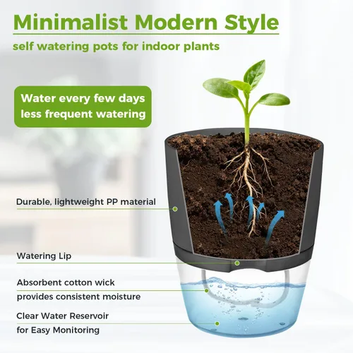 Miniatura 5 de Macetas de riego automático para plantas de interior, macetas para exteriores, paquete de 3 macetas de riego automático de 6 pulgadas, macetas