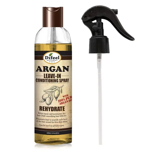 Difeel Tratamiento acondicionador sin enjuague Rehydrate – Aceite de argán 100% puro de 6 onzas con tapa de pulverización y tapa dispensadora
