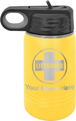 Miniatura 52 de LaserGram Botella de agua personalizada, salvavidas, acero inoxidable de doble pared aislada al vacío con popote superior, regalo grabado Negro