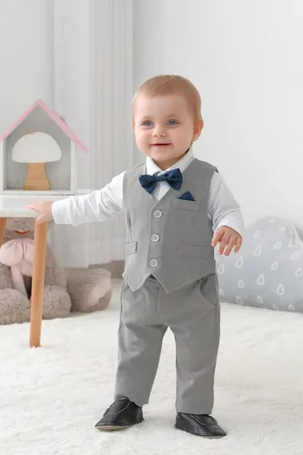 Miniatura 2 de DISAUR - Conjunto de ropa para bebé niño pequeño, 4 piezas de vestido de caballero + chaleco + pantalones + corbatín de algodón