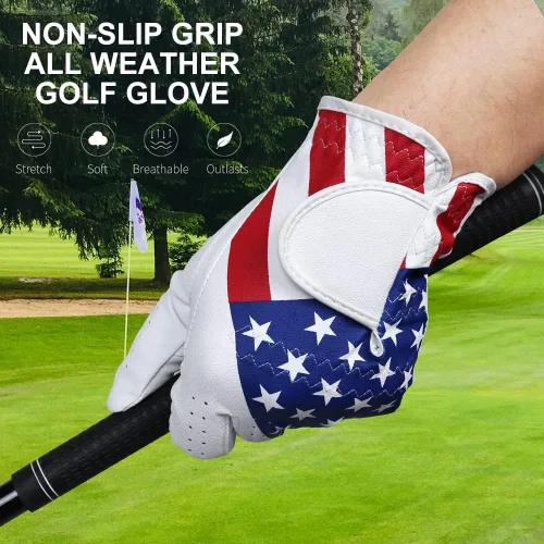 Miniatura 4 de Guantes de golf para hombres y mujeres, mano izquierda para golfista diestro, patrón de bandera estadounidense, cuero sintético, fibra de licra