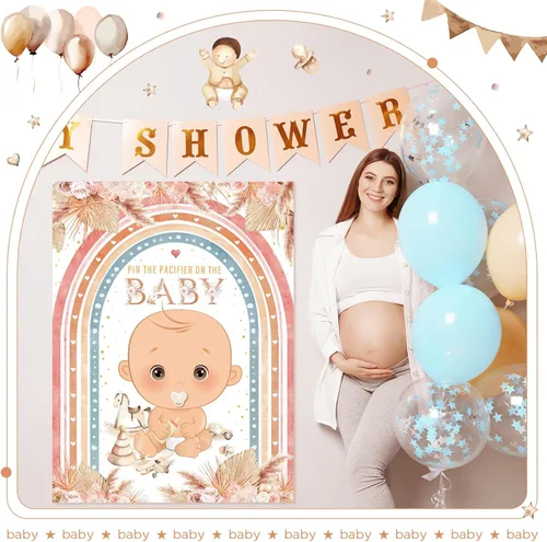 Miniatura 7 de Faccito Pin The Pacifier Juego de Baby Shower Decoraciones de Fiesta de Baby Shower Incluye Póster Grande 24 Calcomanías de Chupete Venda