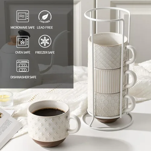 Miniatura 5 de Juego de 4 tazas de café de cerámica grandes con soporte, 15 oz, apilables, tazas de café con relieves diferentes y acanaladas para café con leche
