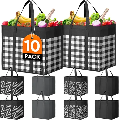 Miniatura 15 de WISELIFE Bolsas de compras reutilizables para comestibles, paquete de 10 bolsas de mano plegables grandes a granel bolsas de productos ecológicos