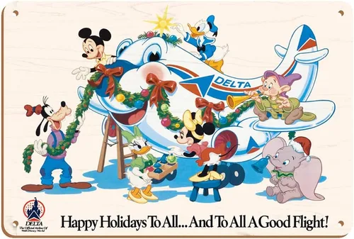 Miniatura 5 de Mickey Mouse y personajes de Disney – Happy Holidays to All – Delta Air Lines (aerolínea oficial de Disney World) – Póster vintage de viaje c.1960s