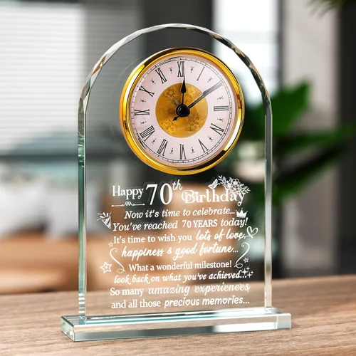 Ornalrist Reloj de cristal de feliz cumpleaños 70 para mujeres, hombres, recuerdo de cumpleaños de 70 años para mamá, papá, padres, decoración del