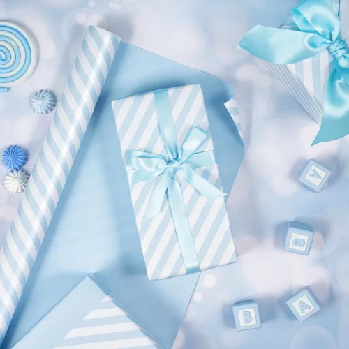 Miniatura 5 de WRAPAHOLIC Papel de regalo reversible azul bebé de 30 pulgadas, papel de regalo azul bebé y rayas para cumpleaños, vacaciones, bodas, baby shower