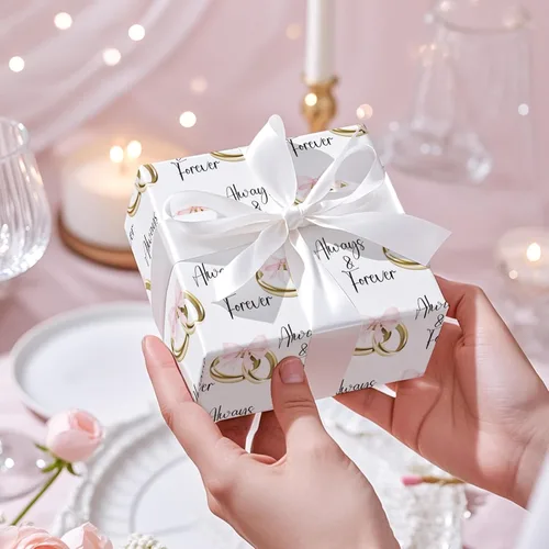 Miniatura 5 de RUSPEPA Rollo de papel de regalo de boda, mini rollo, lazos rosas y anillos dorados con diseño de texto "Always & Forever", elegante envoltura
