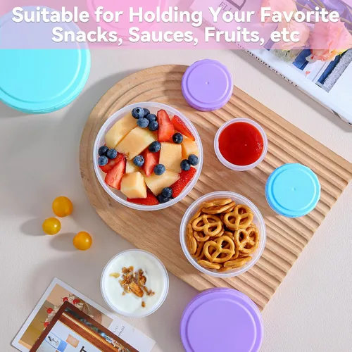 Miniatura 2 de 12 recipientes con tapas, cuencos de plástico reutilizables para aperitivos y puré, recipiente para aderezo de ensalada, para delicatessen, salsa