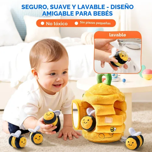 Miniatura 3 de JoyCat Juguetes para Bebés de 6-12 Meses - Colmena Suave para Bebé con 5 Abejas Sensoriales - Sonajero, Papel Crujiente, Silbato, Espejo, Juguetes