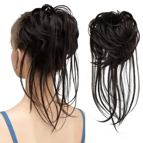 Miniatura 26 de CJL HAIR - Extensión de cabello tipo coletero de chongo desordenado, rizado, sintético, con colas rectas, scrunchies para peinados de moño
