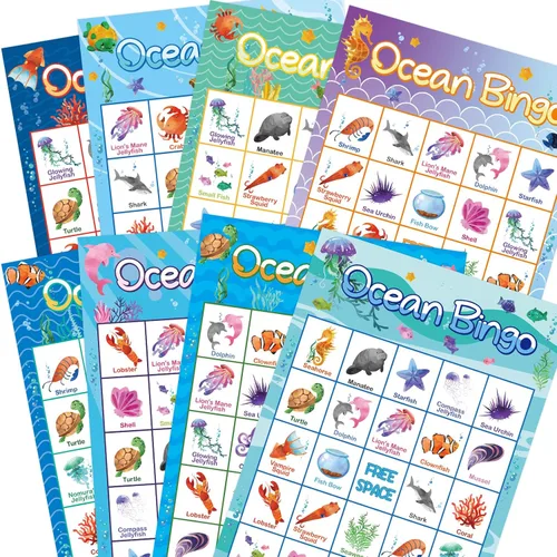 Miniatura 3 de Fancy Land Juego de bingo oceánico para 24 jugadores para niños, suministros de juegos de fiesta bajo el mar