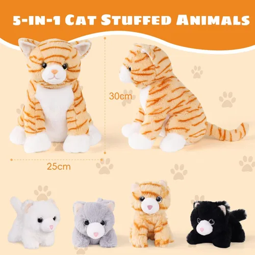 Miniatura 7 de 5 piezas de animales de peluche de gato con bebés, 12 pulgadas, mamá de peluche con 4 gatitos dentro del vientre, peluche de gato atigrado naranja