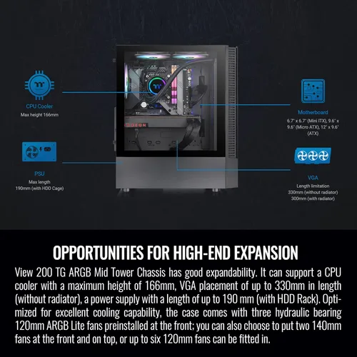 Miniatura 6 de Thermaltake View 200 TG ARGB Motherboard Sync ATX Caja de computadora de torre media de vidrio templado con ventilador ARGB frontal de 0.118 x 4.724