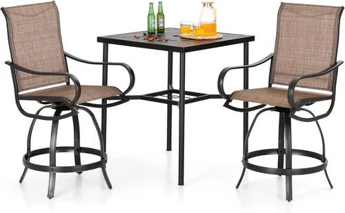 Miniatura 11 de PHI VILLA Juego de 2 taburetes de bar giratorios para exteriores, sillas de patio de altura de mostrador con tela textil impermeable, marrón, marco