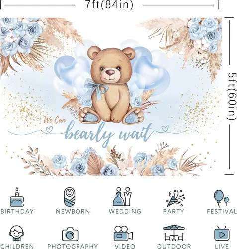 Miniatura 6 de Telón de fondo de baby shower con diseño de oso para baby shower, estilo bohemio, flor azul con texto en inglés "We can Bearly Wait", globos