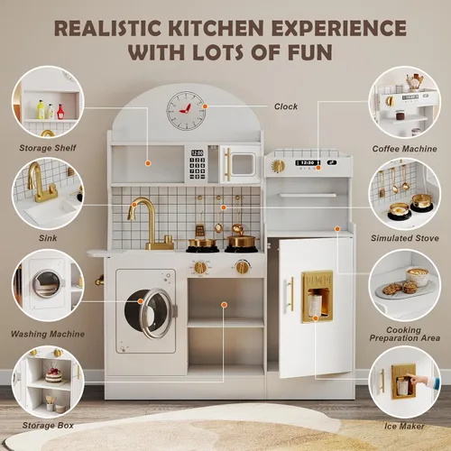 Miniatura 4 de JOYLDIAS Cocina moderna de madera, juego de cocina de juguete para niños pequeños con lavadora, refrigerador, microondas, horno, cafetera, luces
