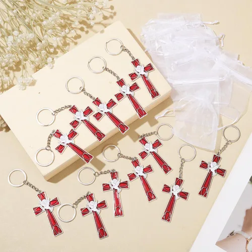 Miniatura 3 de PEUTIER 12 llaveros de cruz de paloma del Espíritu Santo rojo, llaveros de cruz y paloma con bolsas de gasa, recuerdos de confirmación católica