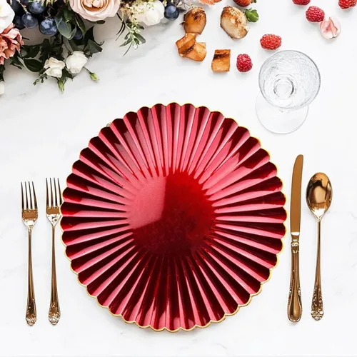 Miniatura 3 de Platos lisos rojos, platos lisos redondos de plástico de 13 pulgadas para fiesta de boda, decoración de mesa. (Juego de 6)
