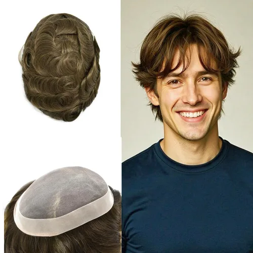 Miniatura 35 de Tupé para hombre, pieza de cabello humano real, monofilamento, tupé para hombres, postizos, unidades de sistema de reemplazo de cabello, gris