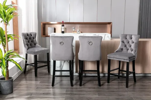 Miniatura 8 de Juego de 2 taburetes de bar de altura de mostrador, sillas de comedor tapizadas de terciopelo con ribete de cabeza de clavo, patas de madera, Gris