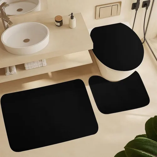 Miniatura 5 de Juego de 3 alfombras de baño modernas en blanco y negro, antideslizante en forma de U y tapa de inodoro