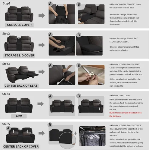 Miniatura 7 de Easy-Going - Funda elástica para sofá reclinable biplaza con consola central, cubierta suave de vellón ajustada, 2 asientos, con soporte y Negro