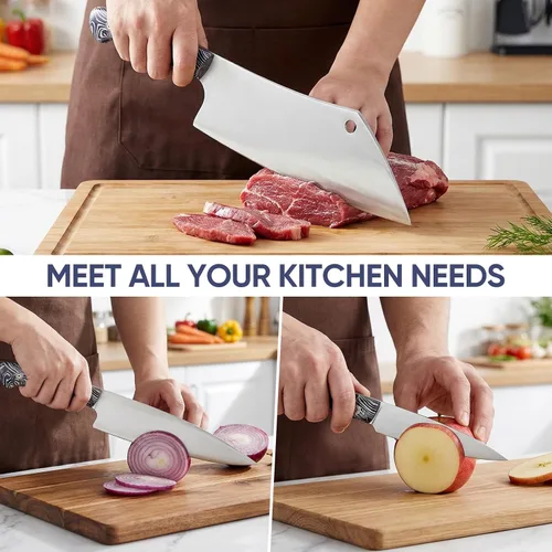Miniatura 5 de Topfeel Juego de 3 cuchillos de chef profesional, cuchillos de cocina japoneses ultra afilados, acero inoxidable alemán de alto carbono de 8