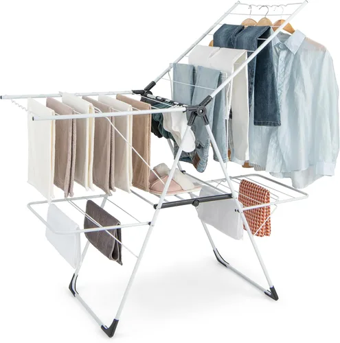Giantex Estante de secado de ropa, 2 capas de acero inoxidable plegable, con altura ajustable de 6 niveles, clips útiles, ahorro de espacio, Blanco
