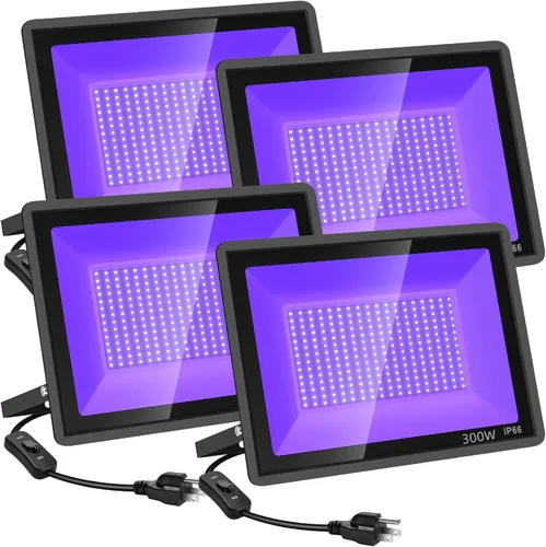 YANYCN Paquete de 4 luces LED de inundación negras de 300 W, para exteriores con enchufe e interruptor, luz negra impermeable IP66 para fiesta