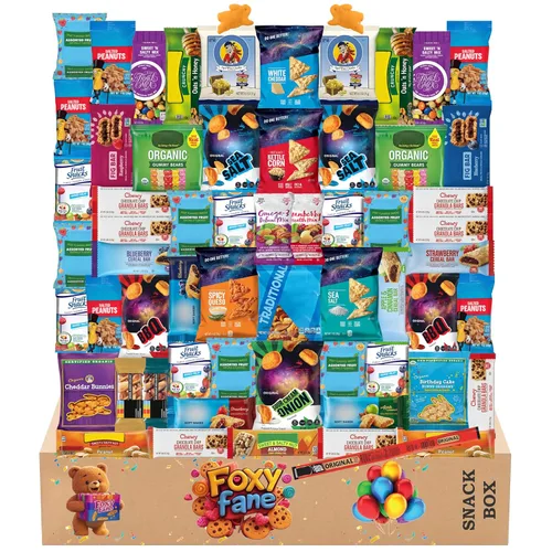 Foxy Fane Caja de regalo navideña de 60 unidades, surtido de 60 bocadillos y golosinas saludables, paquete variado perfecto para el regreso a