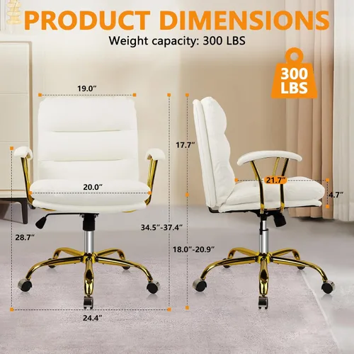Miniatura 3 de KLASIKA Silla de escritorio de cuero para oficina en casa, silla de tocador de respaldo medio, silla de maquillaje con ruedas doradas y reposabrazos