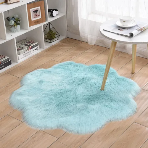 Miniatura 2 de Alfombra redonda de piel de oveja sintética, suave y lanuda. Alfombra mullida para el hogar, decoración de dormitorio, azul (Flower Blue)