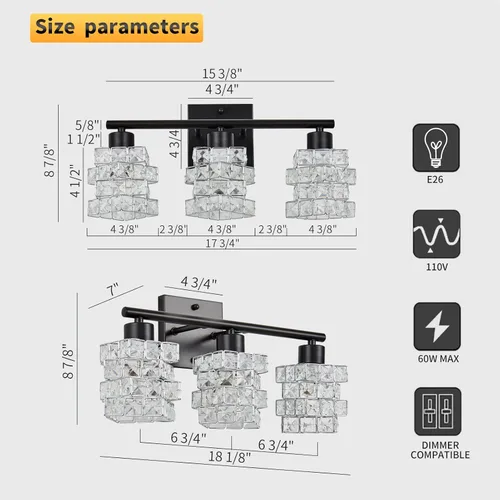 Miniatura 6 de Lámpara de tocador de baño de 3 luces, lámpara de cristal sobre el espejo, negro mate y luces de pared interiores giratorias de cristal Pantalla