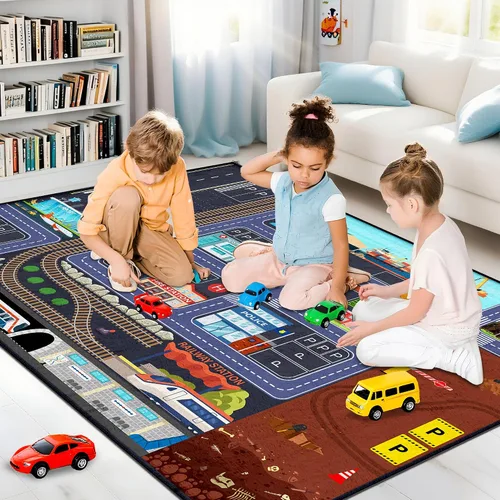 Miniatura 7 de Car Road - Alfombra de juegos para niños, 5 x 7 pies, alfombra de coche para niños y niños, educativa de tráfico urbano, alfombra de juego lavable