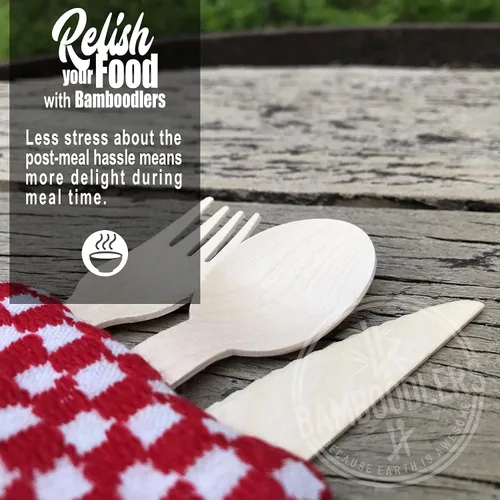 Miniatura 3 de juego de cubiertos de madera desechables 100 % natural, ecológico, biodegradable y compostable ¡La tierra es genial! 200 utensilios de 6.5