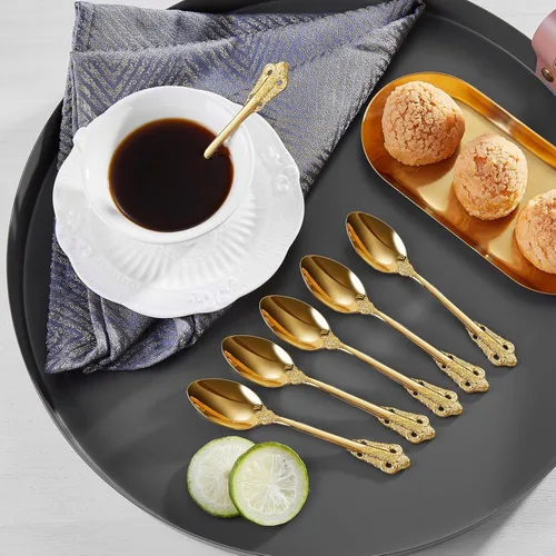 Miniatura 3 de KEAWELL Lujoso juego de cucharas de espresso de 5.1 pulgadas, 6 piezas, mini cuchara de café, acero inoxidable 18/10, diseño magnífico con Dorado