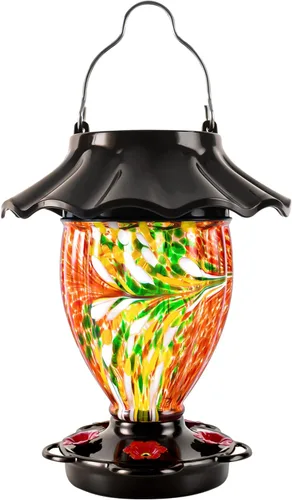 LUJII Comedero solar para colibríes para colgar al aire libre con cambio de color, depósito de vidrio soplado a mano, 32 onzas líquidas, nunca Rojo