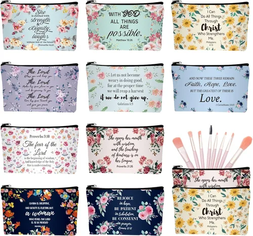 10 bolsas de maquillaje cristiano para lápices de la Biblia, funda de la Biblia, bolsas de cosméticos florales, regalos religiosos inspiradores para