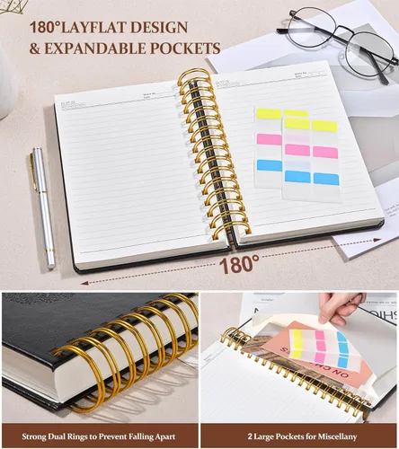 Miniatura 5 de Cuaderno de espiral rayado de 8.5"×11", 300 páginas con tapa dura de cuero, diarios para mujeres y hombres, cuadernos universitarios rayados A4