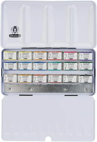 Schmincke - Caja de color HORADAM® AQUARELL con 18 mejores acuarelas, 74318097, caja metálica, juego de pintura, 18 x 1/1 sartenes, espacio para 6 x