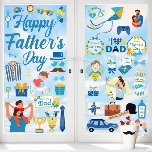 77 calcomanías para ventana del Día del Padre, 9 hojas de decoración azul para el Día del Padre, calcomanías de doble cara para ventanas de vidrio