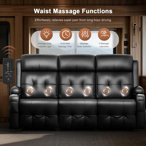 Miniatura 4 de Sofá Reclinable Loveseat para RV, Sofá Reclinable de Masaje de 3 Asientos Abrazador de Pared con USB, Bolsillos Integrados, Portavasos, Sofás Cama
