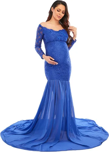 Miniatura 2 de ZIUMUDY Vestidos de maternidad de encaje con hombros descubiertos para sesión de fotos, vestido de fotografía envuelto de manga larga con cola larga