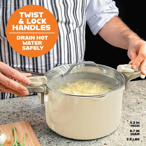 Miniatura 3 de GOTHAM STEEL Olla de Caldo de Cerámica de 5 Qt Olla de Pasta Multiusos con Tapa de Colador y Asas de Giro y Bloqueo, Olla de Cerámica Antiadherente