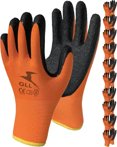 GLL Guantes de trabajo de seguridad con revestimiento de látex para hombres y mujeres, paquete de 10 pares de agarre firme