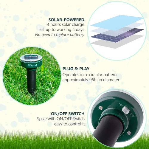 Miniatura 3 de Repelente de gotas ultrasónico alimentado por energía solar - Estacas repelentes de topos al aire libre seguras para mascotas - Repelente