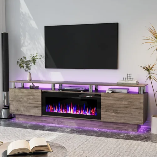 Miniatura 20 de Soporte de TV con chimenea de 36 pulgadas, soporte de TV negro de 70 pulgadas para sala de estar, moderno soporte de TV con chimenea eléctrica